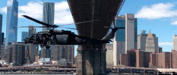 Military helicopter flyby underneath the Brooklyn Bridge in NYC