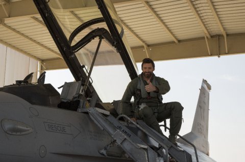 Hugh Jackman enjoying a flight in a US Air Force F-16 Fighting Falcon