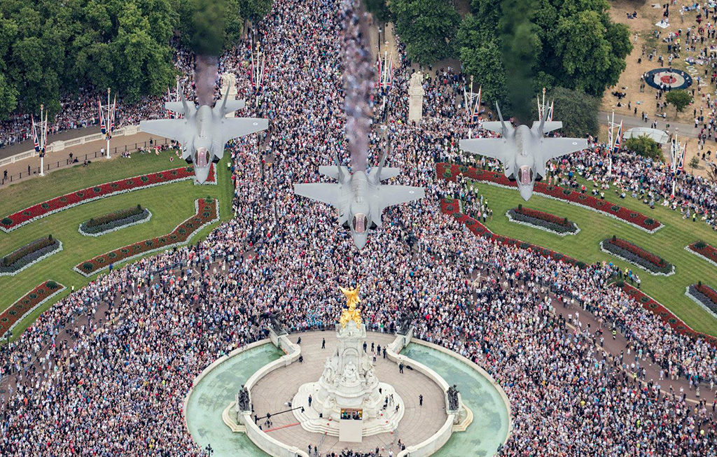 RAF celebrates the 100 years anniversary by flying 100 aircrafts over the Buckingham Palace