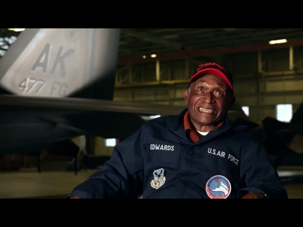 Last of the Tuskegee Airmen; Sergeant Leslie Edwards witnesses F-22 Raptors take off