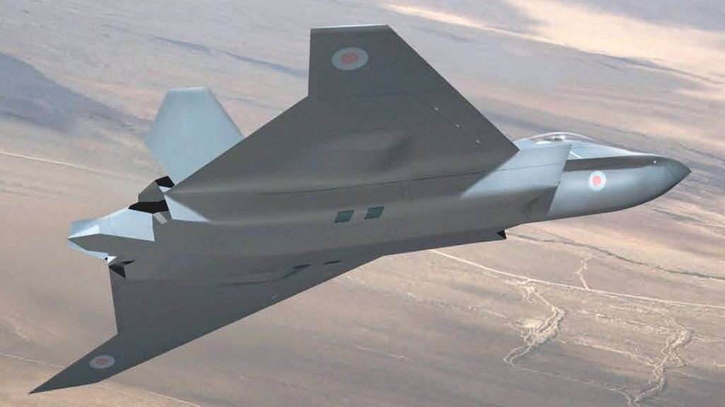 A close-up of the Tempest fighter jet's 3D design, showing its aerodynamic shape, twin engines, and vertical stabilizers, similar to the Lockheed F-22 Raptor. 