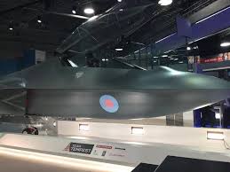 A full-scale model of the Tempest fighter jet on display at the Farnborough Air Show, highlighting the futuristic design of the aircraft. 