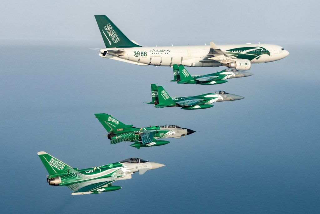 Air to Air Shots of the Saudi Special Colored Aircraft during the 88th National Day Celebrations | Crewdaily