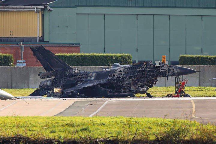 F-16 aircraft of Belgian Air Force destroyed by fire during maintenance; a second F-16 suffers collateral damage