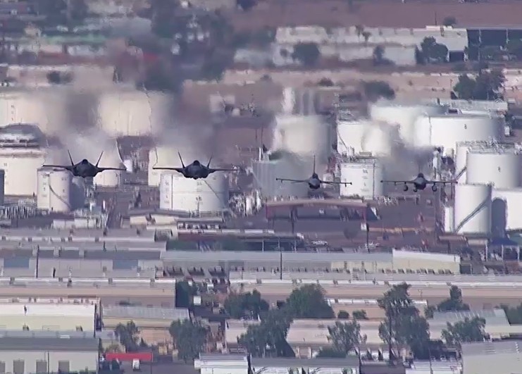 F-35 and F-16 Formation Flight over the Arizona State Capitol Filmed From a Helicopter