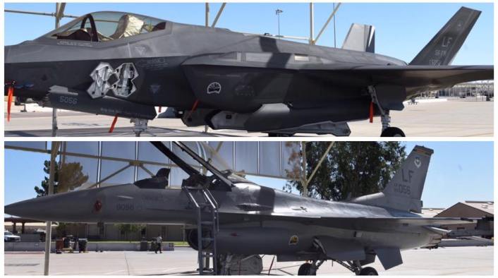 F-35 and F-16 Formation Flight over the Arizona State Capitol Filmed From a Helicopter