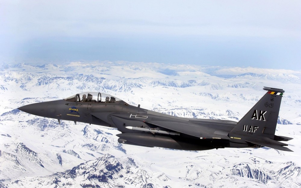 U.S. F-15E Strike Eagle flying at low level over Norway during Arctic Fighter Meet 2016