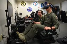 A military pilot using VR technology for flight simulation training.