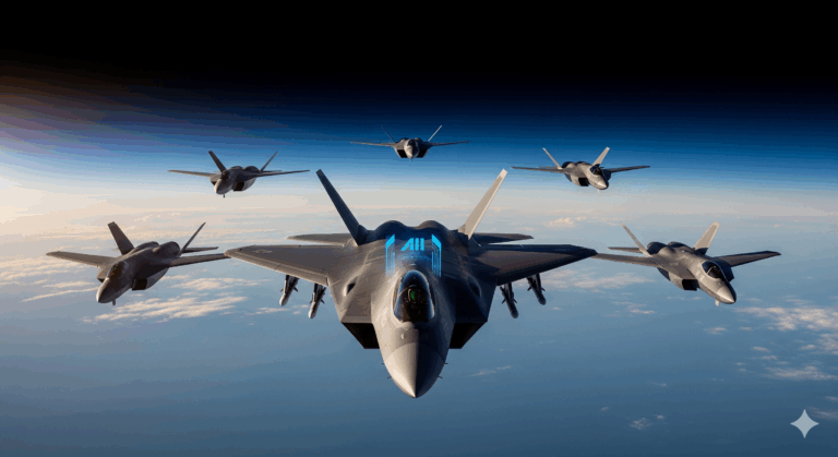 6th generation fighter aircraft F-47 concept with loyal wingman drones in formation flight