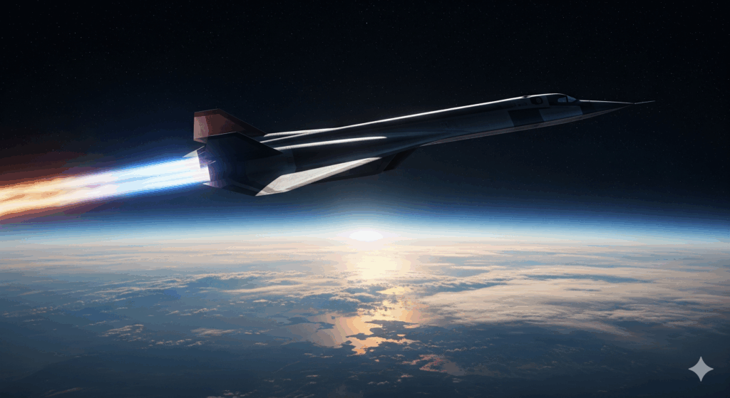 Hypersonic aircraft SR-72 concept flying at Mach 6 speed with blue flame exhaust